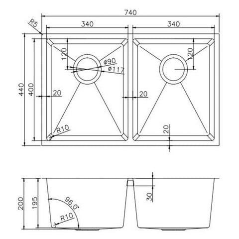 Aqua Perla - Chrome Stainless Steel Double Bowl Kitchen Sink 740x440x200mm