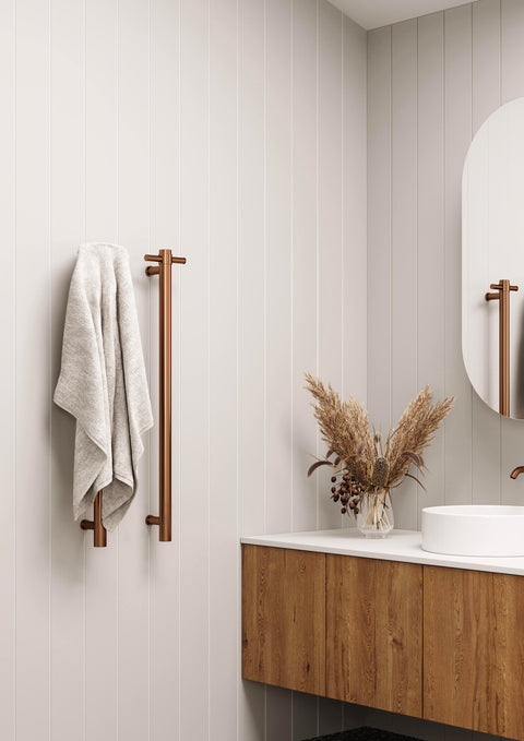 Thermogroup -  Brushed Bronze Round 240Volt Vertical Single Heated Towel Rail W142xH900xD100mm